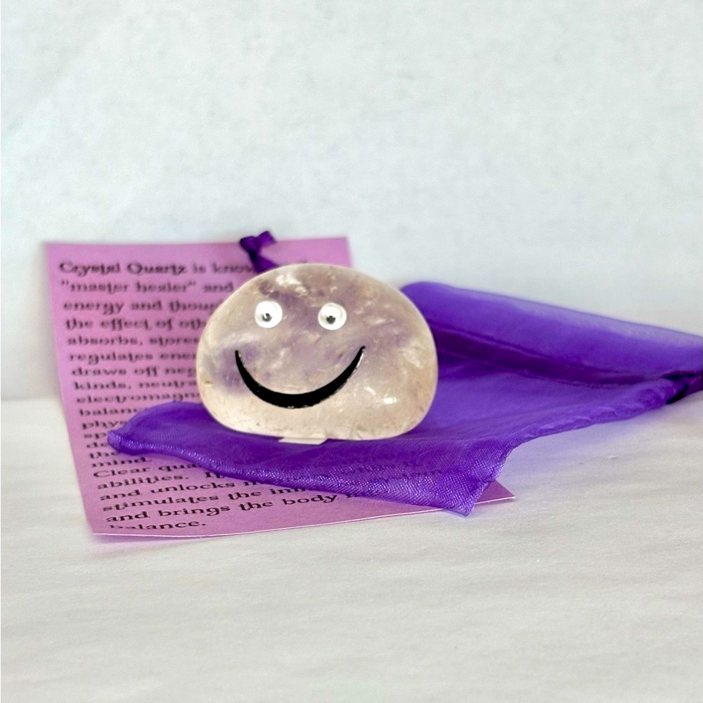 Gemstone Emoji Quartz Smiling Face One of Kind Natural Stone W/Gift Bag & Info
